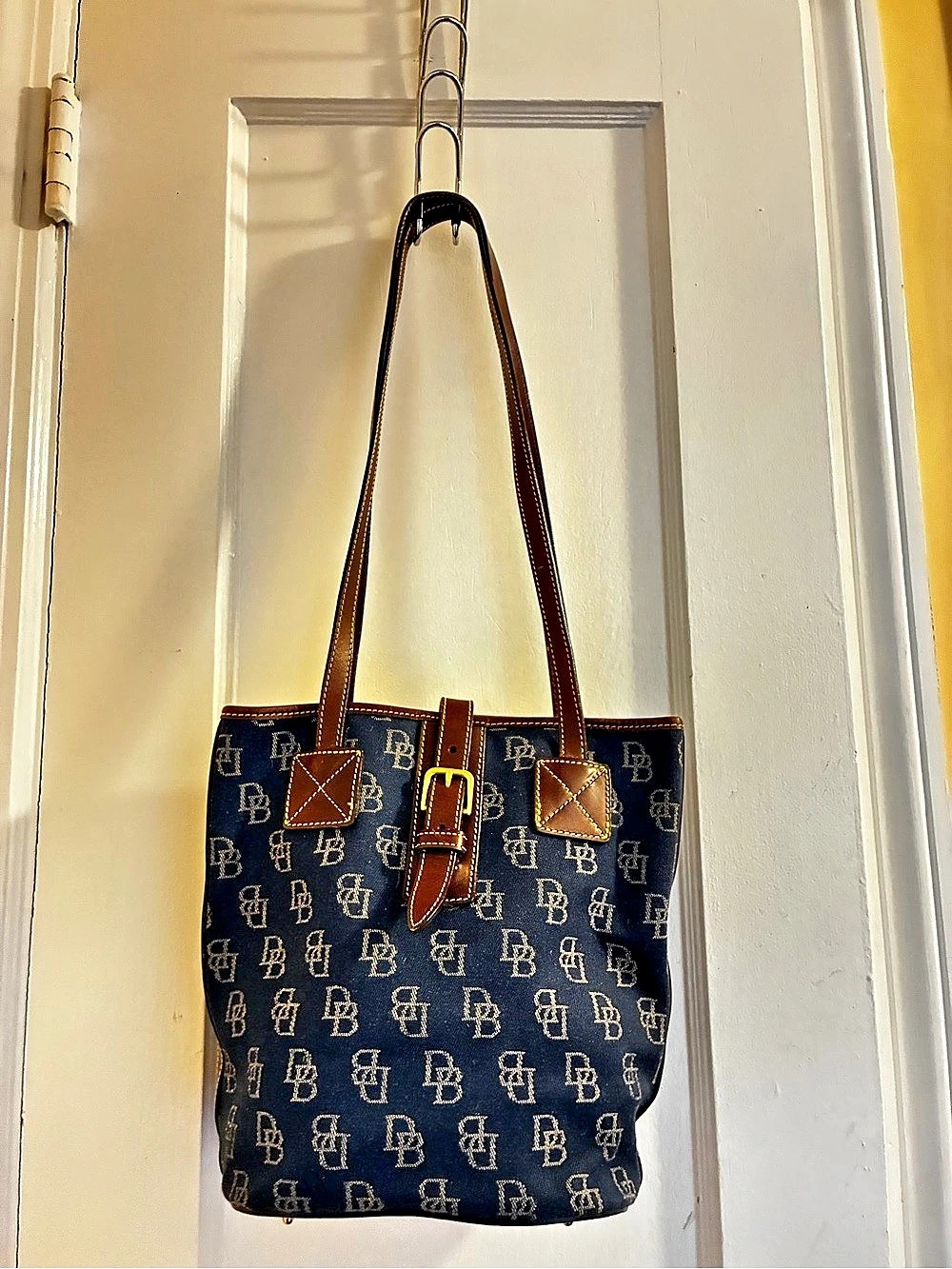 Dooney & Bourke DB 75 Monogram Jacquard Bucket Tote Blue & Brown
